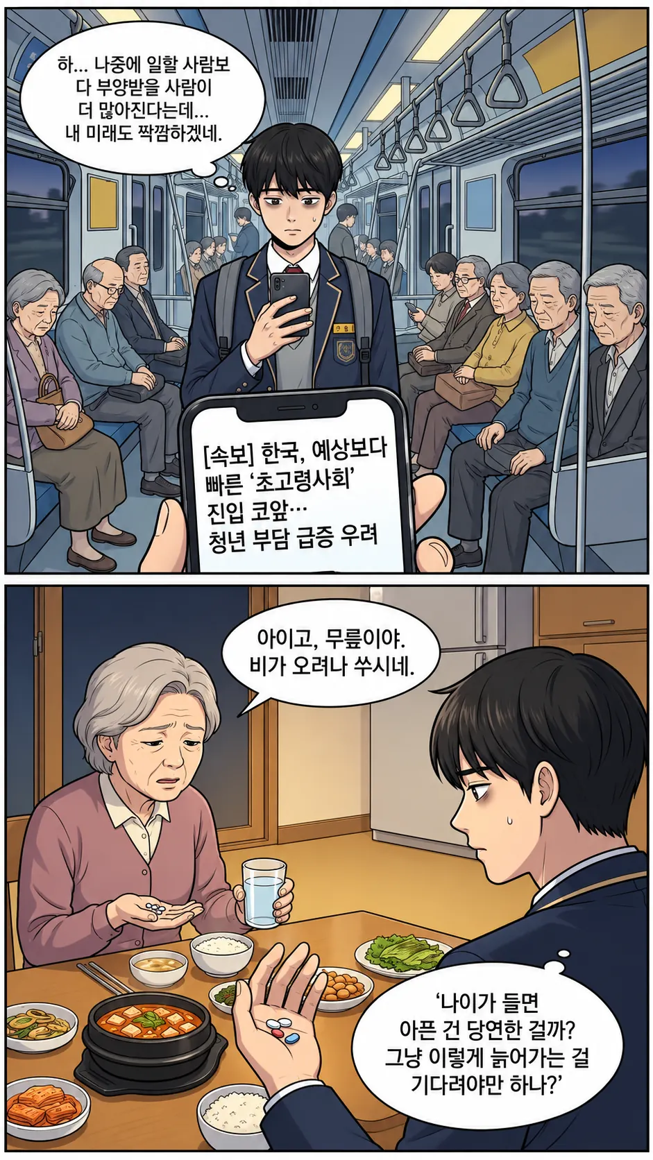 탐구보고서 웹툰 1화 — 초고령사회 뉴스와 할머니의 무릎에서 시작된 질문