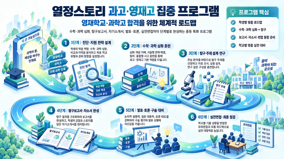 열정스토리 과고 · 영재고 집중 프로그램 — 영재학교 · 과학고 합격을 위한 체계적 로드맵. 1단계 진단 · 지원 전략 설계: 학업 역량, 수학 · 과학 성향, 비교과 이력을 분석해 목표 학교 유형과 준비 방향 설정. 2단계 수학 · 과학 심화 훈련: 서술형 문제 해결, 창의 · 융합형 사고 훈련. 3단계 탐구 주제 설계 · 연구: 자료 조사, 실험 설계, 연구 질문 구성. 4단계 탐구보고서 · 자소서 완성. 5단계 발표 · 토론 · 구술 대비. 6단계 실전면접 · 최종 점검: 학교별 기출 성향을 반영한 모의면접. 프로그램 핵심: 학생별 맞춤 로드맵, 수학 · 과학 심화 + 탐구, 보고서 · 자소서 · 면접 통합 준비, 학교별 맞춤 실전 대비