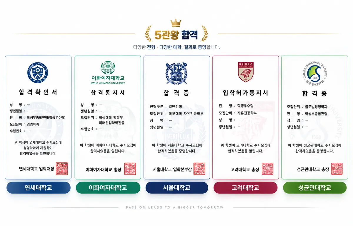 5관왕 합격 · 연세대 · 이화여대 · 서울대 · 고려대 · 성균관대