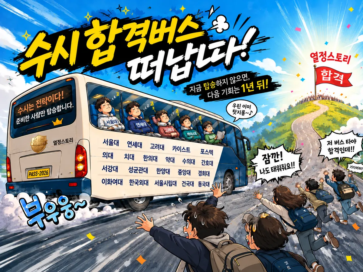 수시 합격버스 떠납니다 · 지금 탑승하지 않으면 다음 기회는 1년 뒤