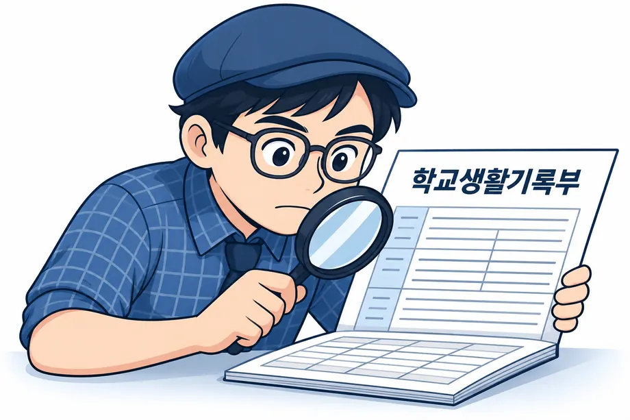 학교생활기록부를 돋보기로 자세히 읽는 모습
