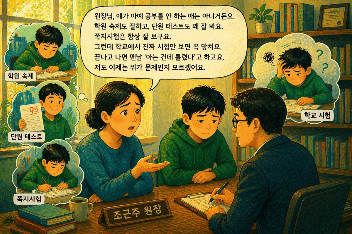 열정로드 유형 1 시험 반전형 — 학원 숙제도 잘하고 단원 테스트 · 쪽지시험도 잘 보는데 학교 시험만 보면 망치는 학생. 원장 상담 장면