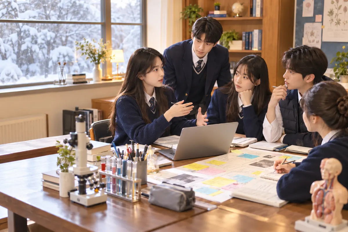 예비고1 겨울방학 특강 — 눈 내리는 겨울, 함께 탐구 주제를 정리하는 학생들